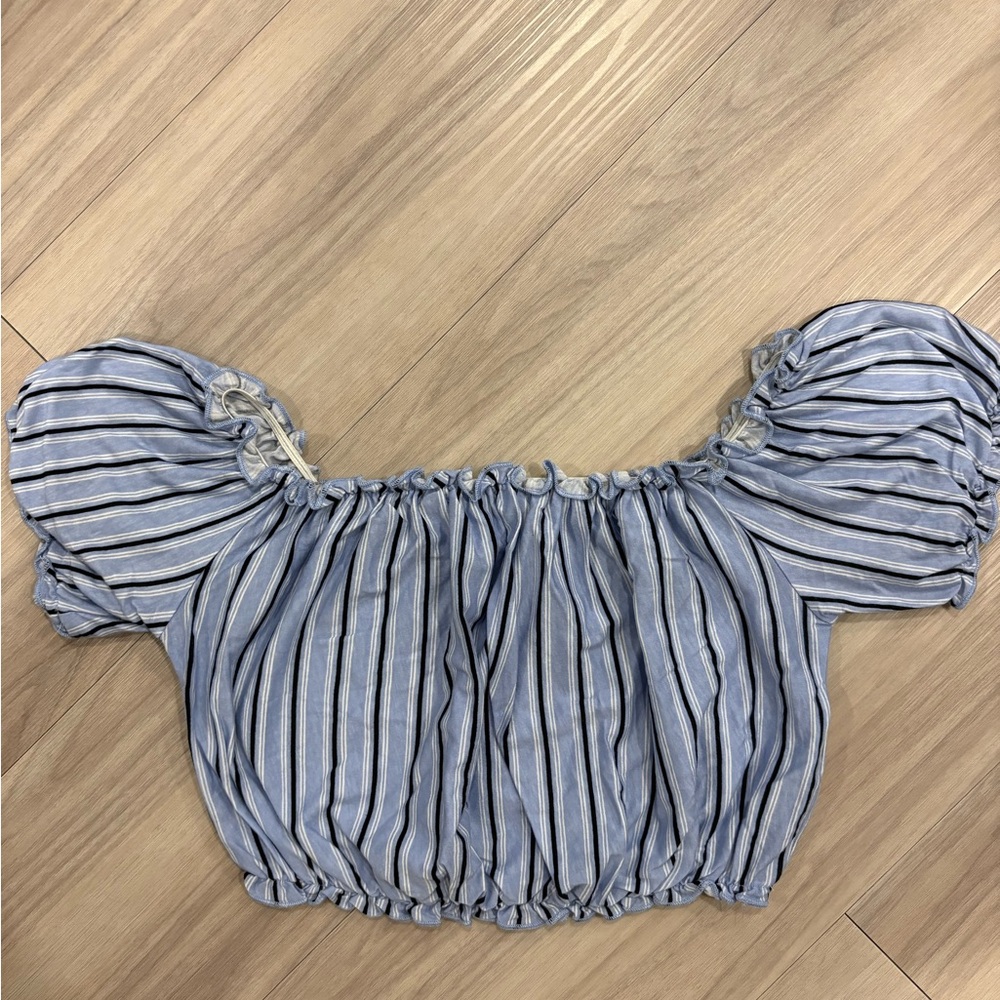 Garage Blue and White Striped Puff Sleeve Top